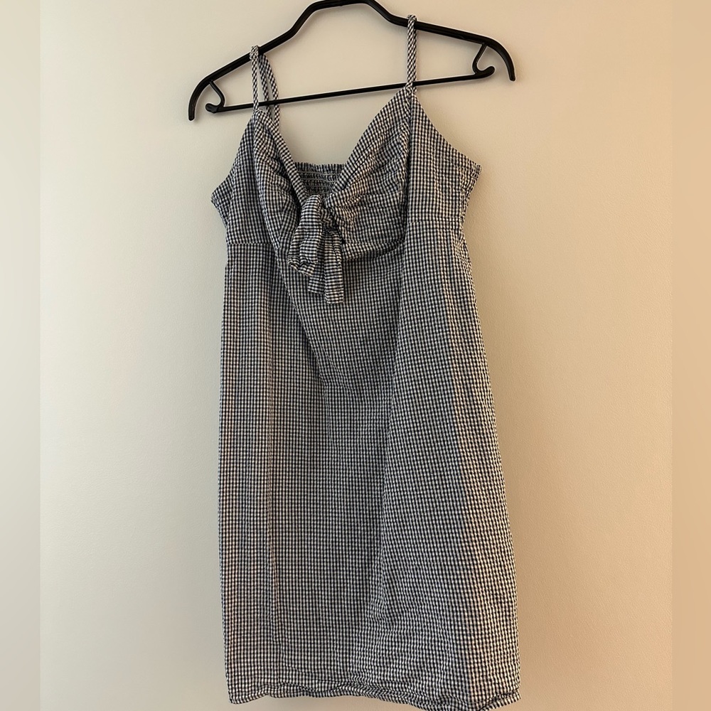 Blue and white checkered sweetheart neckline spaghetti strap dress
